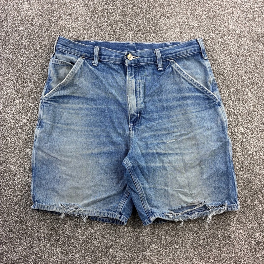 Vintage Carhartt Carpenter Shorts Mens 34 Blue Cotton Denim Distressed B28 DST